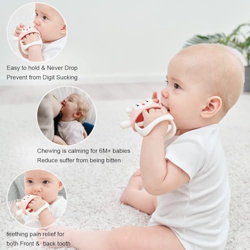 Image of Reindeer Organic Baby Toys 0-6Months, Mitten for 3-6Months, Easy to Hold Stem with Chewing Nubs for Teething Pain Relief for 6-12Months Babies, (Rose Pink)