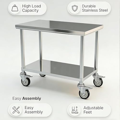 Image of Stainless Steel Table Prep & Work with Wheels 20 x 40 Inches, NSF Commercial Heavy Duty Table with Undershelf and Galvanized Legs for Restaurant, Home and Hotel