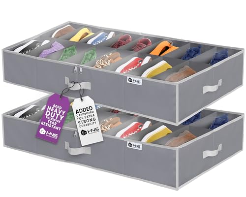 HOLDN' STORAGE Under Bed Shoe Organizer - Set of 2, Tear-Resistant 600D Material, Grey, Transparent Cover, Holds Up to 32 Pairs of Shoes