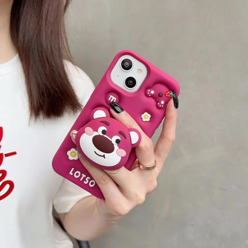 Image of COVERLY for iPhone 15 3D Cartoon LOTSO Bear Case,Full Protective Huggin Strawberry Toy Story Walt Back Case with Holder Cute Soft Silicone Stylish Fashion Fun Aesthetic Cover for Apple iPhone 15