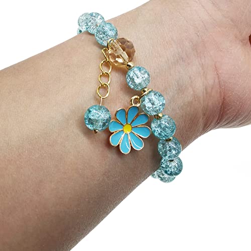 Image of Glazed Flowers Crystal Bead Bracelets 8mm Gemstone Beaded Stretch Bracelet with Flower Bracelet for Women