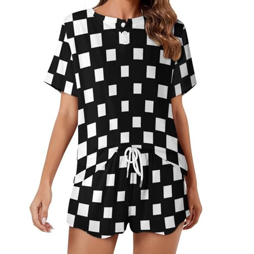 Ensemble de pyjama pour femme Damier vêtements de nuit été frais