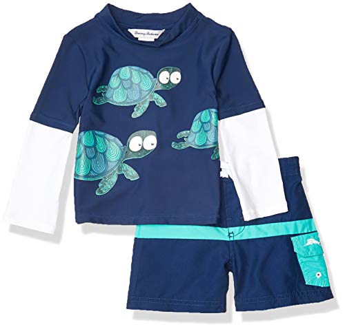 Tommy Bahama Boys' Long Sleeve Rashguard and Trunks Swimsuit Set, Turq Turtle, 12MO