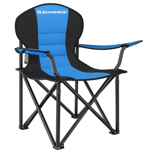 SONGMICS Folding Camping Chair, with Comfortable Sponge Seat, Cup Holder, Heavy Duty Structure, Max Load Capacity 551 lb, Outdoor Picnic Chair, Blue and Black UGCB06BU