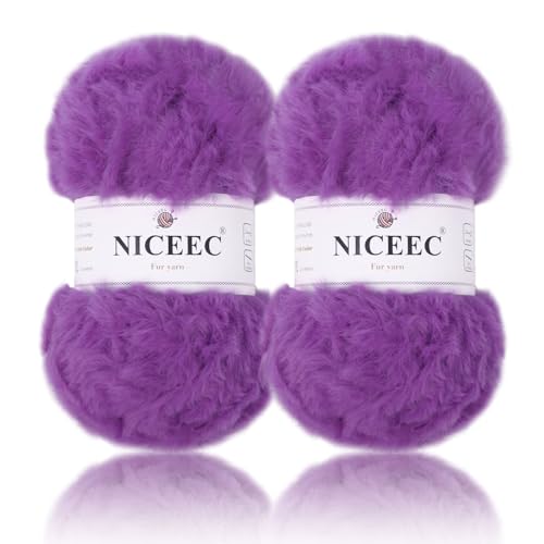 Image of NICEEC 2 Skeins Faux Fur Yarn Super Soft, Chunky & Fluffy, Eyelash Yarn for Crochet & Knitting (Total Length 70yds,3.53oz) - Violet