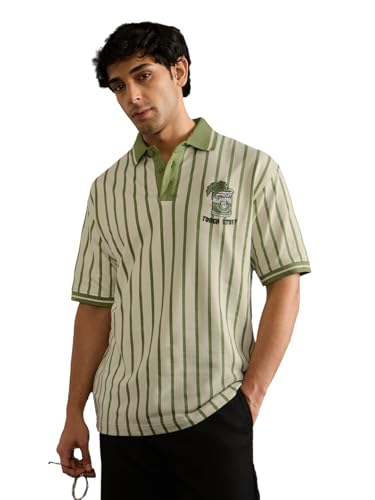 Image of The Souled Store Popeye: Tough Stuff Men and Boys Short Sleeve Spread Collar Light Green Striped Embroidered Cotton Breathable Lightweight Oversized Polos