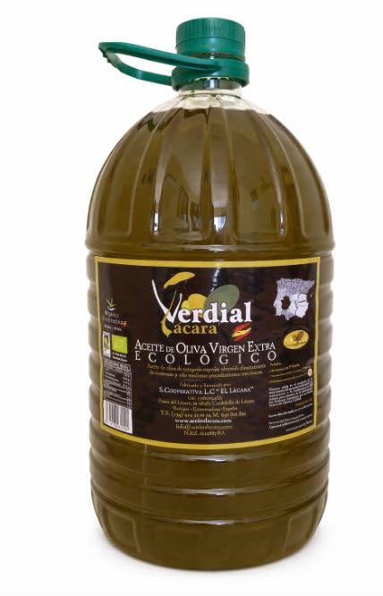 Aceite de oliva virgen extra ecológico Verdial Lácara 5L AOVE, variedad Verdial de Badajoz - Aceite español premium 100%, extracción en frío, sabor delicado y natural.