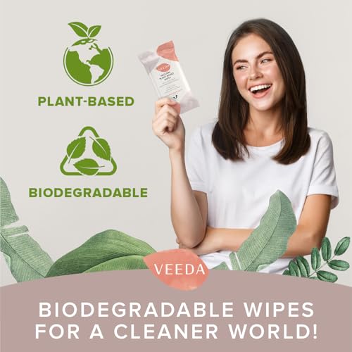 Image of Veeda Plant-Based Feminine Wipes - pH-Balanced, Hypoallergenic & Biodegradable Wipes for Sensitive Skin, Fragrance-Free Travel Sized Wipes - 120 Count (Pack of 4)