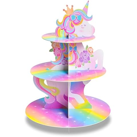 PAMAID Unicorn Cupcake Stand, 3-Tier Cardboard Cupcake Stand Holder Dessert Tower Display for Kids Girls Birthday Theme Party Supplies Decoration Cover