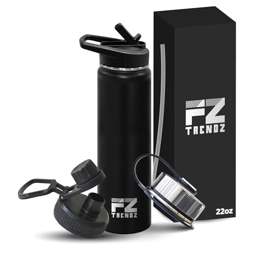 FZ TRENDZ Insulated Water Bottle, 22 oz water bottle, Stainless Steel water bottle, double wall, 3 lids, Straw lid, Leak Free, BPA Free, Black Water Bottle, dishwasher safe water bottle