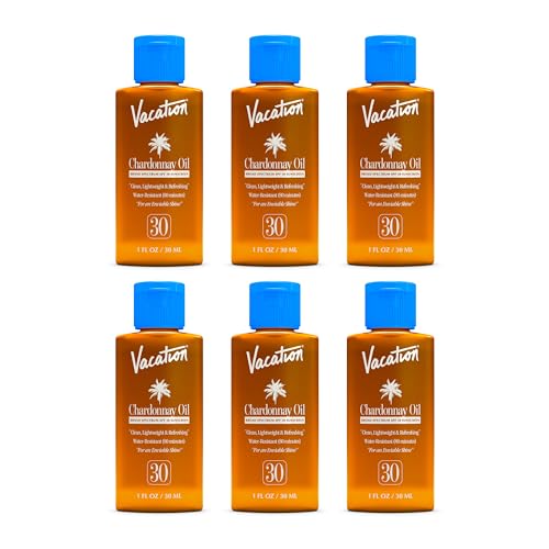 Image of Vacation Mini Chardonnay Oil SPF 30 Sunscreen Oil, 1 Fluid Ounce, Pack of 6 - Hydrating, Lightweight, Reef Safe, Invisible, Water-Resistant, Travel Size