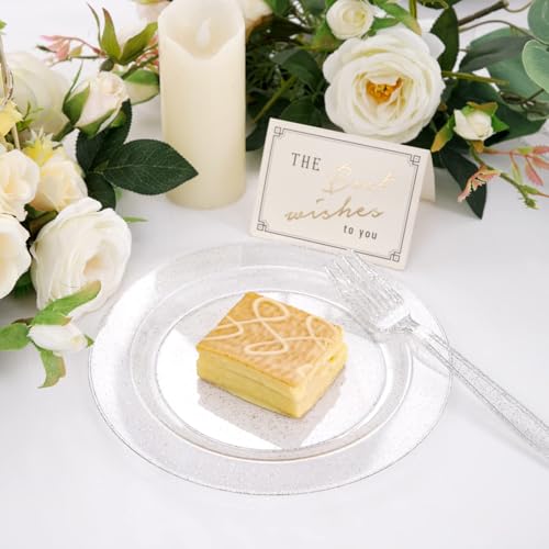 Image of WDF 120PCS Silver Plastic Plates- Disposable Silver Glitter Plates - 60Pcs 10.25 inch Dinner Plates and 60 Pcs 7.5 inch Salad Plates for Wedding /Birthday /Party