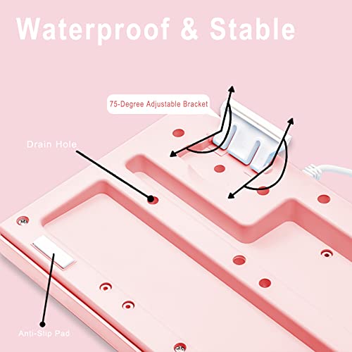 Basaltech Pink Keyboard With 7-Color Led Backlit, 104 Keys Quiet Silent Light Up Keyboard, 19-Key Anti-Ghosting Cheap Gaming Keyboard Mechanical Feeling Waterproof Wired Usb For Computer, Mac, Laptop #TOP5