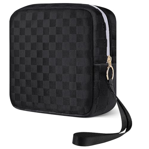 Image of Likesing Upgraded 5.3 inch Checkered Mini Makeup Bag, Black Small Cosmetics Bag for Purse, Portable Small Makeup Pouch with Wrist Strap, Thickened Travel Mini Toiletry Bag for Womens Girls