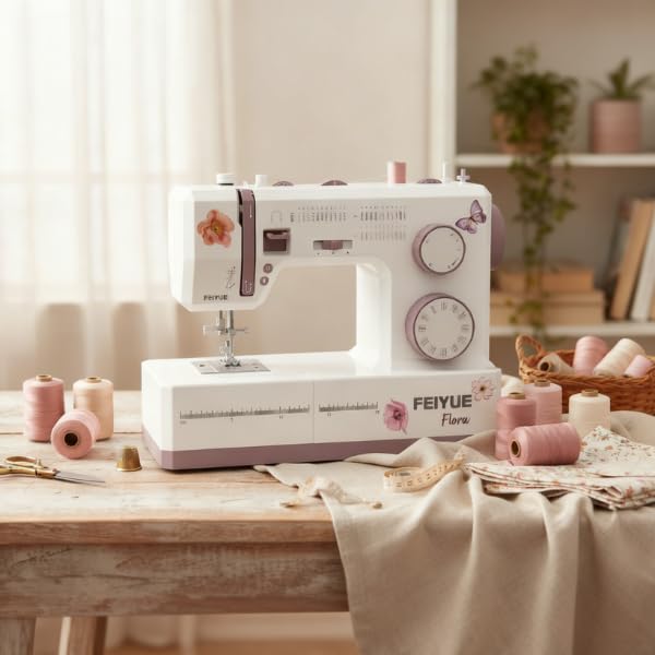FEIYUE Flora Rosé Nähmaschine, 34 Stiche, LED, Freiarm, 38×16×28 cm, 6,4 kg, 100 W Servo, Elektrisch