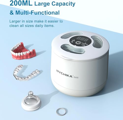 Ultraschallreinigungsgerät Zahnschiene mit UV Sterilisierung,45 kHz Hochfrequenz, 4 Modi UV Zahnschiene Reinigung,200 ml,Zahnreinigungsbehälter,Retainers,Aligner etc.,（Weiß）