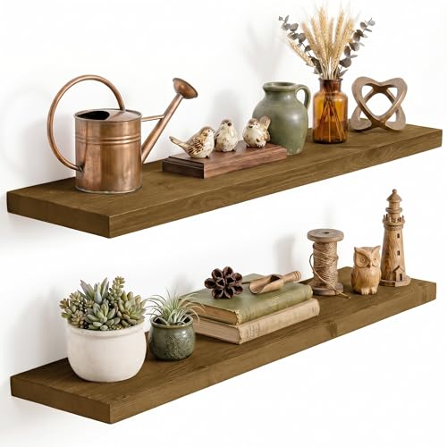 Image of Solid Wood Floating Shelves for Wall 40 inch,Grey Wooden Shelf Set of 2 | Rustic Wood Wall Floating Shelf with Invisible Brackets,Floating Wooden Shelves for Living Room,Bathroom,Bedroom,Kitchen