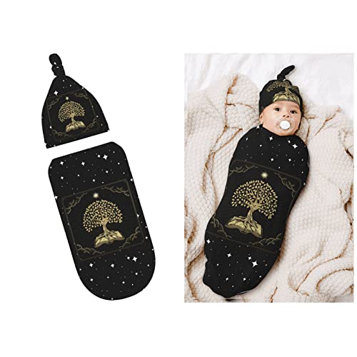 Image of Tree Knowledge Ancient Books Newborn Swaddle Blankets Hat Sets Soft Stretchy Magic Baby Stuff Receiving Blanket Gifts for Infant Baby Girl