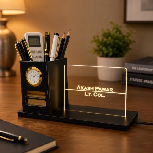 Image of Zesta Wooden Desk Organizer Pen Stand Remote Holder Card Slot | Table Accessory Office Desk Study Room | Pencil Storage Stand Stylish Workspace Decor (Black, Custom Organiser)