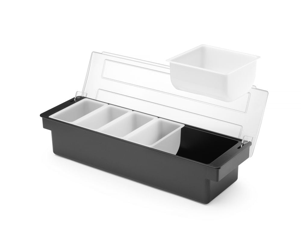 HENDI Portacondimentos de Bar, Bandeja de Guarniciones para Cócteles BarUp, Caja Organizadora con Tapa Transparente, 5 Contenedores de Polipropileno, 480x150x(H) 100mm, HIPS, Negro