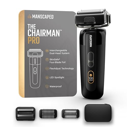 MANSCAPED The Chairman PRO Mens Foil Shaver - Two Interchangeable Blade Heads SkinSafe Four-Blade Foil & Stubble Trimmer Face Shaver with USB-C & Wireless Compatible Charging Travel Lock