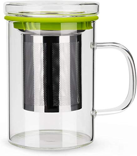 NimaTea Tea Mug with Infuser and Lid for Loose Tea Brew. Borosilicate Glass and Stainless Steel Strainer Wraps with a Green Silicone Band. 16.9oz, Functions as a Teapot or Teacup, BPA Free - Pack of 2