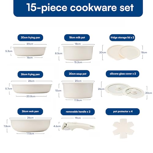 Image of House of Quirk 15-Piece Maifan Stone Nonstick Cookware Set with Detachable Handle | Stackable Pots & Pans Set | Induction & Oven Safe | Space Saving Kitchen Set | Granite Beige