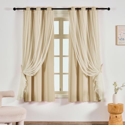 Image of Anytime Double Layer Blackout Curtains 2 Panels,35Wx63L,Cream | Sheer And Fabric Window Drapes Grommet Top Solid Color Bedroom Living Room Home Decor