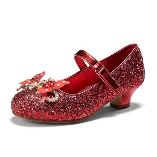PATPAT Girls Dress Shoes Size 11 Little Kid, Red Glitter Shoes with Butterfly Hair Clips, Sequins Rhinestones Bowknot Princess Low Heels Mary Jane Footwear Heels for Girls Dress Up