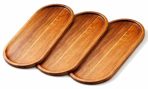 Image of Premium Luxury 100% Natural Acacia Wood Serving Tray Set of 3, Wooden Oval Snack Tray for Kitchen, Coffee, Fruits & Decor, Durable Food-Safe Serving Platter, Natural Finish
