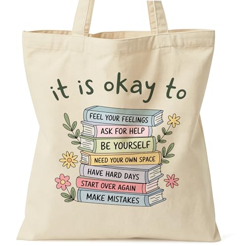 Zallobee Mental Health Tote Bag Book Stack Canvas Bag It Is Okay to Feel Your Feelings Double-Sided Print Inner Pocket