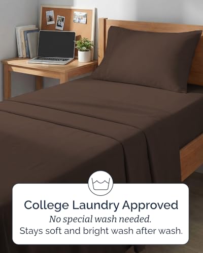 Image of Twin XL 4 Piece Sheet Set - College Dorm Room Essentials - Brown | Ultra Soft Dorm Bedding Set, 8 inch to 16 inch Inch Deep Pockets, 1 Flat & 1 Fitted Sheet & 2 Pillowcases, Wrinkle & Fade Free