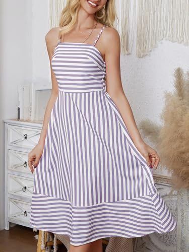 Image of Women's Striped Sleeveless A Line Beach Summer Dress Spaghetti Strap Backless Smocked Cutout Ruffle Midi Dresses Purple
