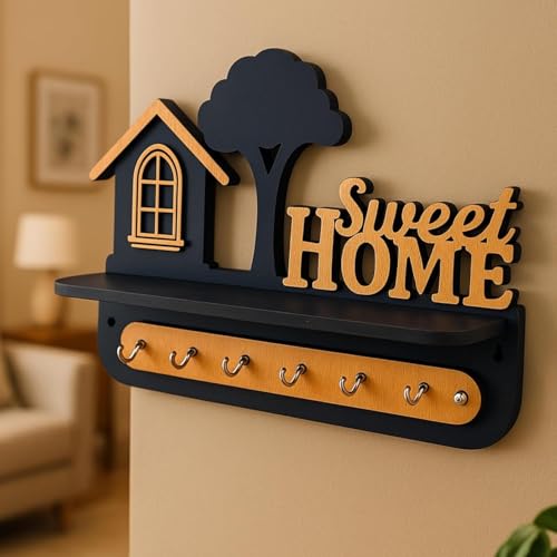 Image of CAPIO ART inchSweet Home inch Home Style Wall Key Holder | 6 Hook Premium Wooden Key Hanger for Home Entrance & Kitchen Wall Decor | Modern Key Organizer Rack with Strong Metal Hooks |