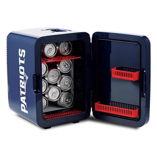Image of Ukonic NFL New England Patriots 15-Can Mini Fridge 10L - AC /DC Powered, Official Team Colors & Logo, Portable Cooler for Tailgates, Home, Office, or Car