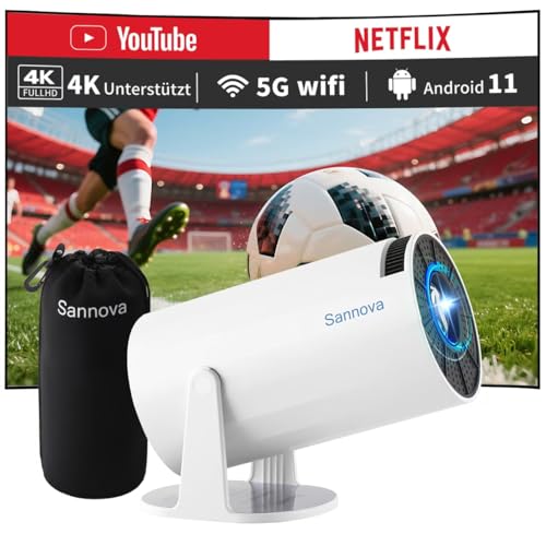 Sannova Mini Beamer, Projektor 4k 1080P Unterstützt, 5G WiFi, 200 ANSI, Android 11, Automatischer Trapezkorrektur, 180° Drehfunktion – Tragbare Smart Heimkino Projektor mit Stoßfester Transporttasche