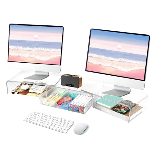 OPNICE Clear Acrylic Desk Organizers and Accessories, Dual Computer Monitor Stand Riser with Drawer, Desk Shelf for Monitor, Workspace Desktop Organization for Office Supplies