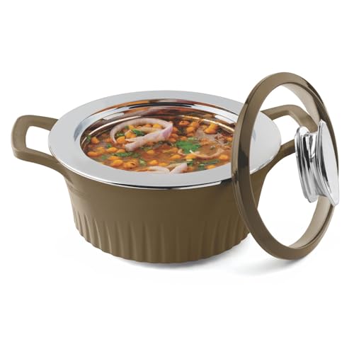 Image of SignoraWare Master Lock BPA Free Plastic Casserole | Inner Stainless Steel With Borosilicate Glass Lid | Perfect for Home, Kitchen & Gifting | Ideal for Storing & Serving Hot Meals (2 Ltr | Brown)