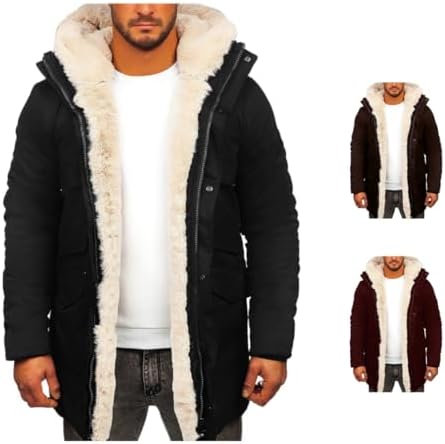 Mens Faux Leather Jacket with Faux Fur Hooded Fleece Warm Outwear...