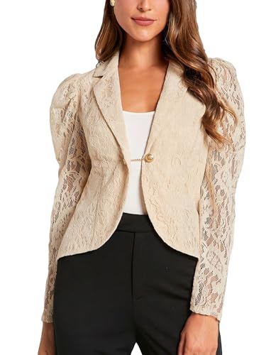 WDIRARA Women's Floral Lace Lapel Neck Single Button Long Puff Sleeve Sheer Elegant Blazer