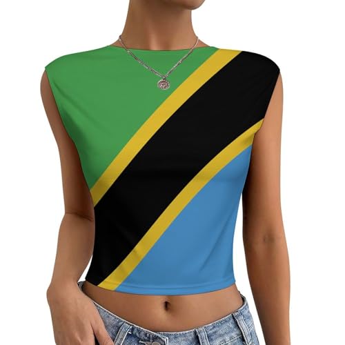 Tanzania Flag Womens Sexy Backless Short Sleeve Slim Fit Crewneck Summer Casual Crop Tee L
