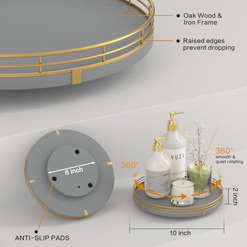 Image of 10 inch Wooden Lazy Susan Turntable for Cabinet - Rotating Spice Rack Organizer, Small Gray Kitchen Countertop Round Tray for Dining Table & Pantry Storage
