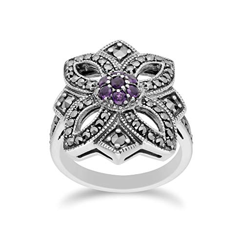 Image of Gemondo USA 925 Sterling Silver Amethyst & Marcasite Art Nouveau Ring Size 7, 8, and 9