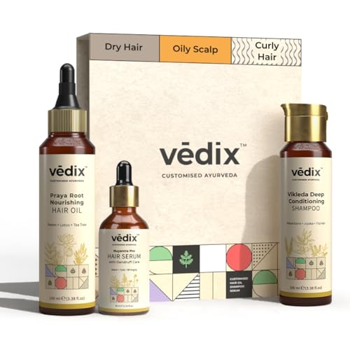 Vedix Customized Hair Fall Control & Dandruff Care Regimen for Dry Hair – Oily Scalp & Curly Hair – 3 Product Kit – Hair Oil + Shampoo + Hair Growth Serum