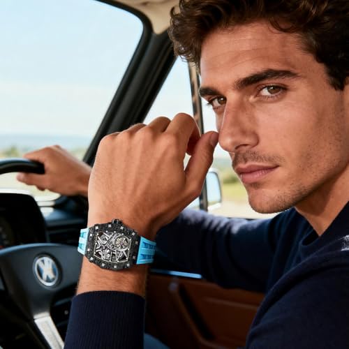 TSAR BOMBA Automatic Mechanical Watches for Men - Japanese Movement Sapphire Glass - 50M Waterproof - Tonneau Square Hollow Wrist Watch Silicone Strap Luminous Elegant Gifts for Men TB8209