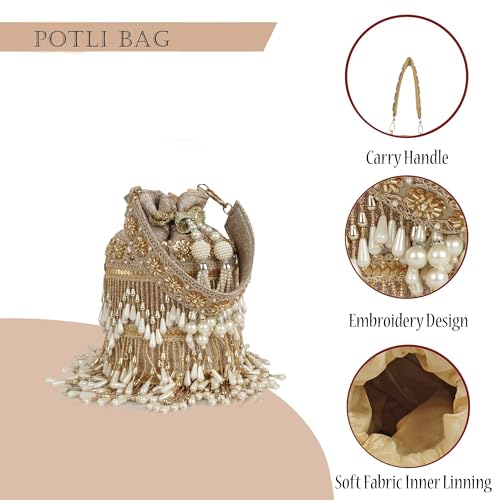 Image of Nevis Silk Fabric Designe Fringe Potli Bag with Pearl Tassels & Beaded Handle | Luxury Ethnic Drawstring Clutch for Wedding