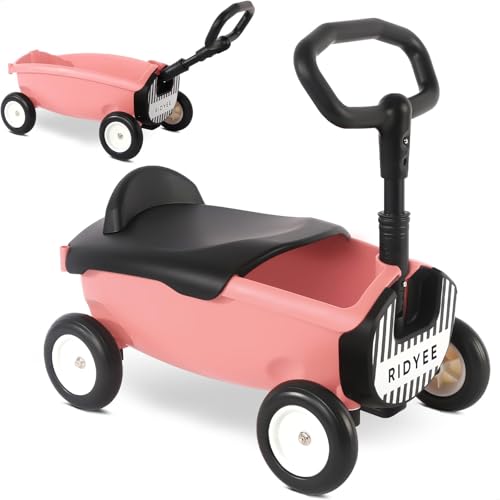 RIDYEE 2-in-1 Toy Wagon for Toddlers 1-3, Kids Pull-Along Wagon with Removable Seat and Adjustable Handlebar, Baby Push Walker with 8L Large Basket, Steering Limit, DIY Sticker, Pink