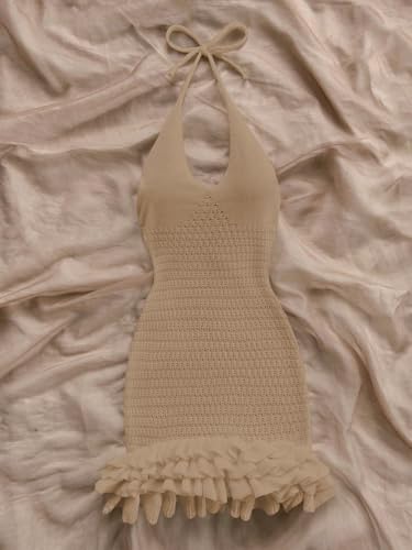 Image of GORGLITTER Women's Vacation Outfit Crochet Halter Knit Bubble Mini Dress Sexy Beach Cruise Summer Miami Resort Outfits