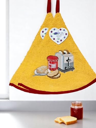 Lot de 2 Torchons Essuie Mains Petit Déjeuner - Essuie Mains Rond Eponge avec Attache - Motifs Brodés - Torchon Cuisine Rond 100% Coton - Serviette Cuisine...