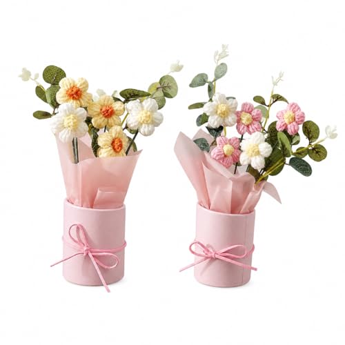 Image of Handmade Crochet Flower Bouquets (Set of 2) - Knitted Floral Decor Combo | Aesthetic Desk Flowers, Forever Flower Gift Set, Minimal Home Decor